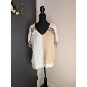 Umgee Color Block Mixed Print Cotton Gauze Top in White -‎ S